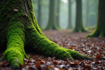 Naklejka premium Mossy tree trunk with roots exposed in damp winter wood, damp woodlands, evergreen trees