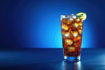 A tall glass of cola with ice cubes, lime, and mint against a blue gradient background, emphasizing its refreshing and fizzy texture. Ideal for beverage marketing, restaurant menus