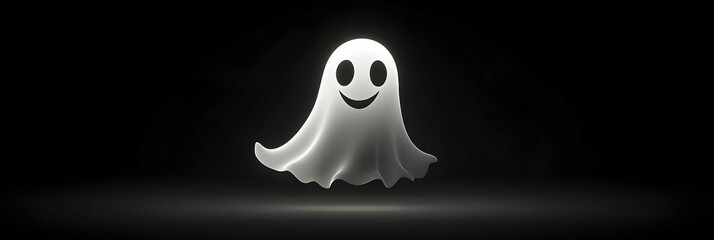 Cute ghost figure with a smiling face floating in a dark space surrounded by light