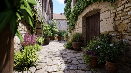 Serene cobblestone pathway lined with vibrant plants and flowers in a quaint village setting