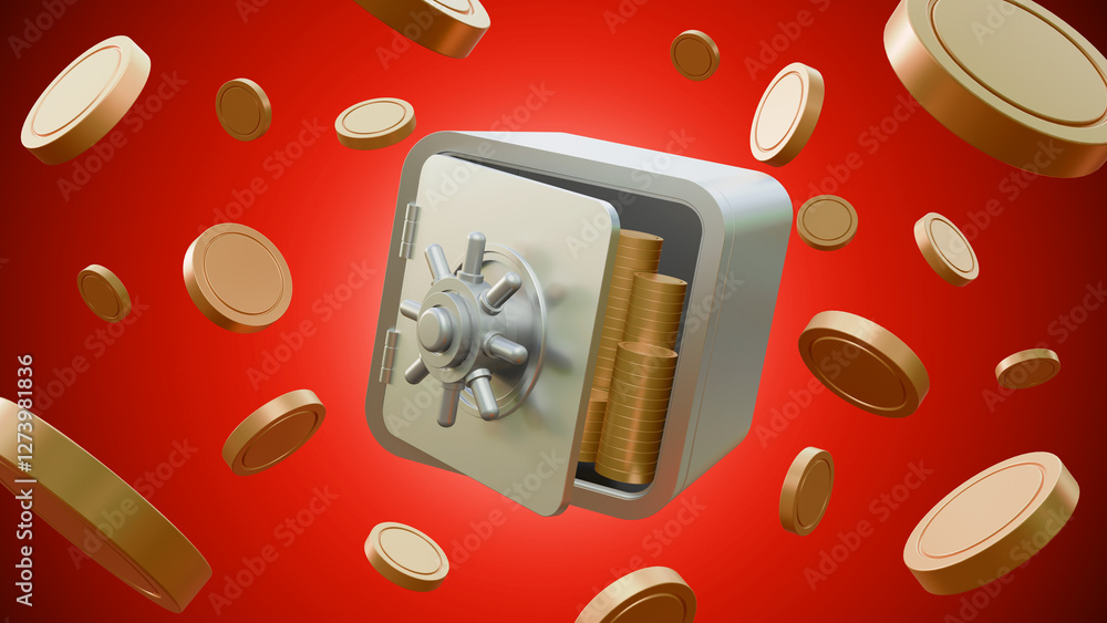Poster safe box of coins stack with flying coins on red background. financial or game concept. lottery conc