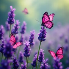 Obraz premium Majestic magenta butterflies dance around fragrant lavender blooms, lavender, butterflies, landscape