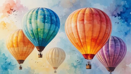 Fototapeta premium Colorful hot air balloons sky digital art vibrant atmosphere aerial view adventure