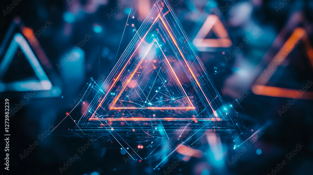 Poster geometric abstraction: glowing triangles and lines in a digital realm, futuristic