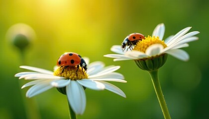 Ladybug on a camomile petal, gazing at the sunlight filtering through the herb, insect, floral