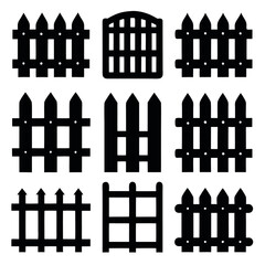 This image features a set of different wooden fence silhouettes in black and white, perfect for design elements, illustrations, or graphic design.