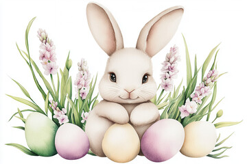 A cute, cartoon-style rabbit surrounded by pastel-colored Easter eggs and lavender flowers, evoking a cheerful springtime vibe.