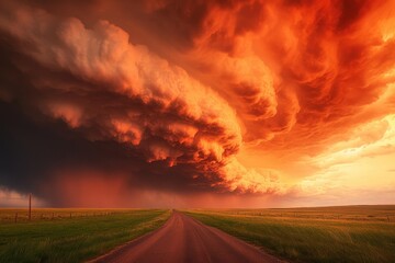 An extremely large red super typhoon or tornado hovering around an open field in a rural part of a state, natural disaster, professional photography