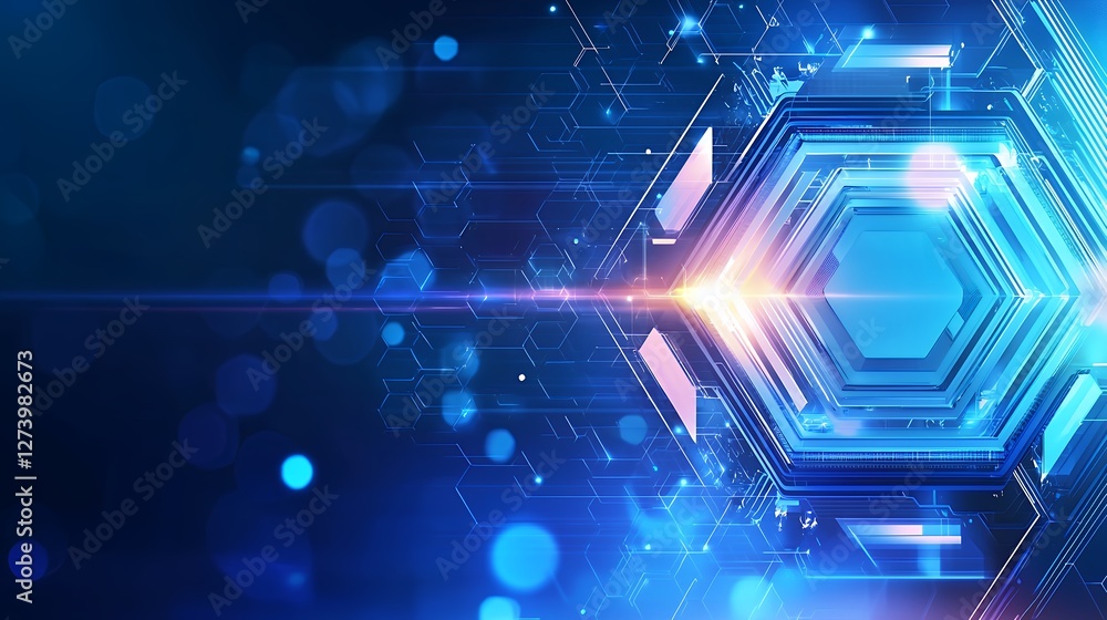 Poster abstract hexagonal network with glowing light on dark blue futuristic background