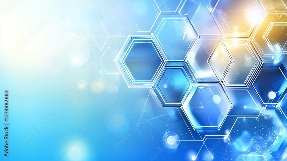 Poster abstract hexagonal structure with blue and gold tones for modern technology background