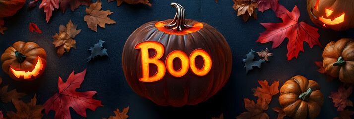 Festive pumpkin display with carved Boo and autumn leaves at Halloween celebration