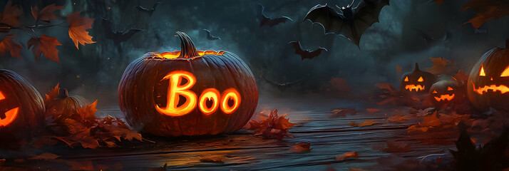 Halloween decorations feature glowing pumpkins and bats in a dark forest setting with autumn leaves at twilight