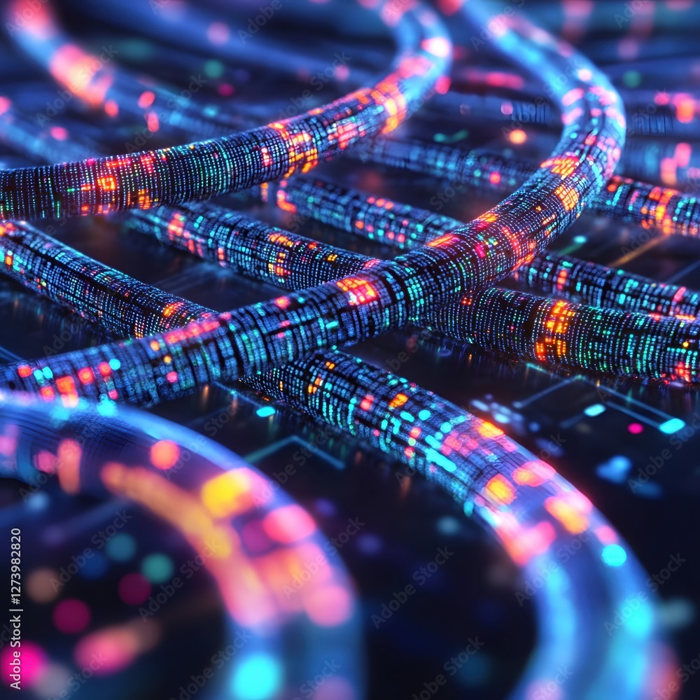 Poster interconnected network cables with glowing data points creating a futuristic cyberpunk vibe