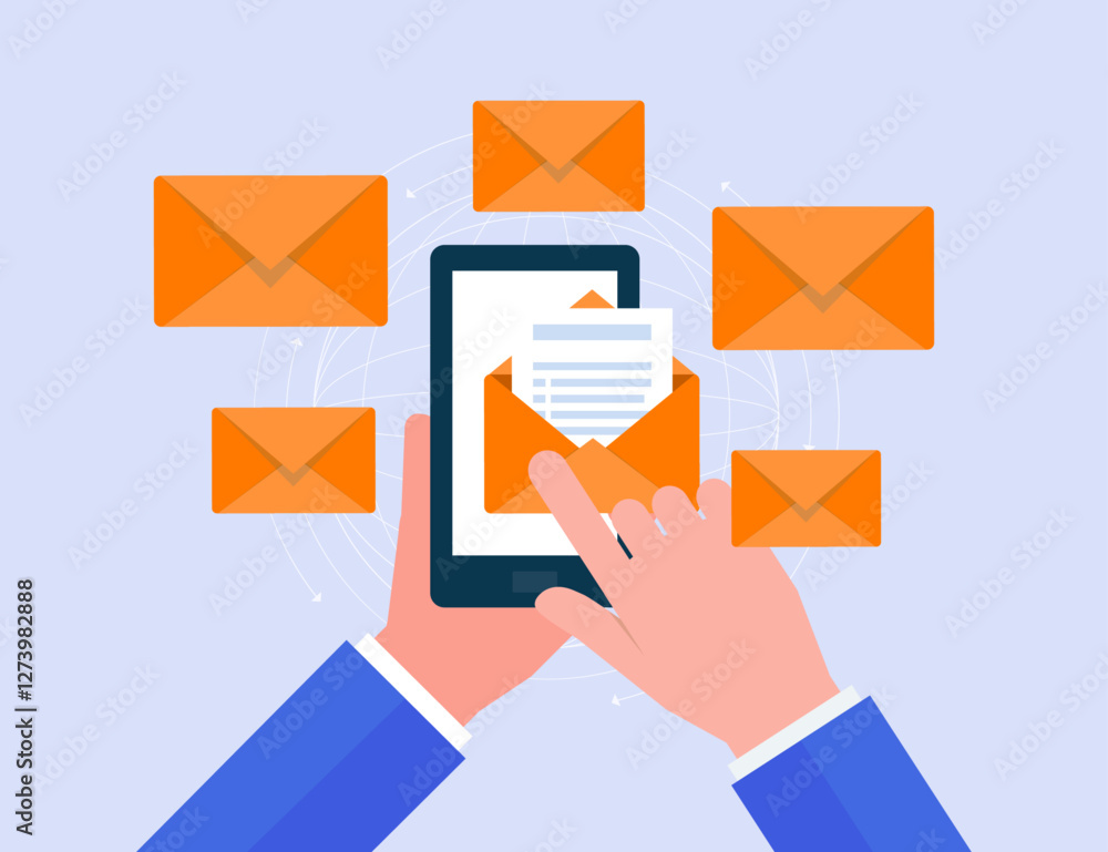 Poster business email marketing design concept. flat vector design hand hold mobile and touch open email