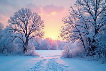 Naklejka premium Icy branches of bare trees against a frosty morning sky, snow-covered trees, bare tree branches, winter solstice scene