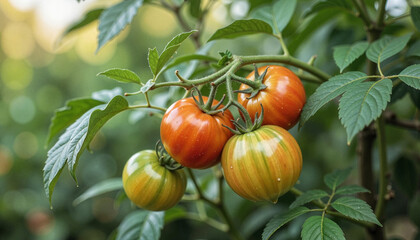 Ripe tomatoes growing on vine, vibrant garden produce
