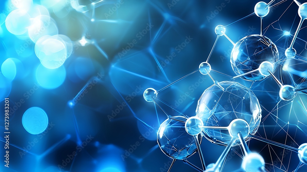 Poster abstract molecular structure in blue tones with bokeh background for science and technology