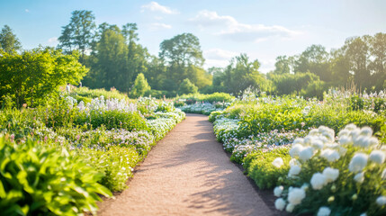 Obraz premium A Serene Stroll: Winding path through a vibrant flower garden on a sunny day, a tranquil escape into nature's beauty.