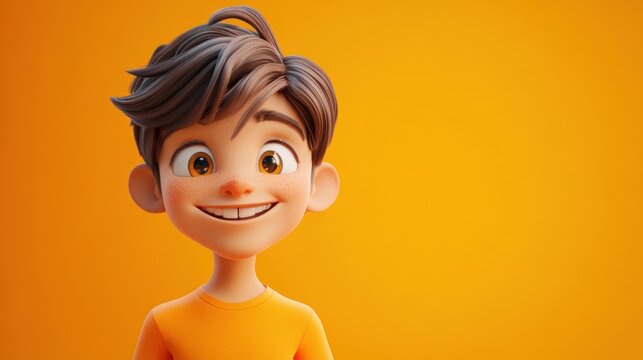 Happy boy, orange background, 3D render, children's content