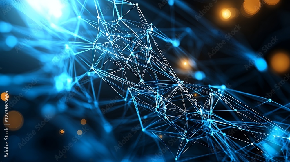 Poster abstract network of interconnected blue lines and nodes on dark background