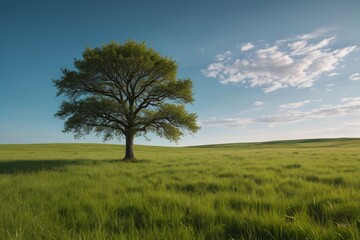 there is a lone tree in a field of green grass