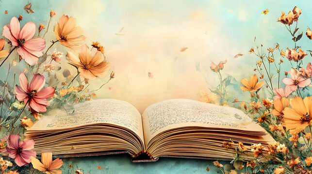 Open book, flowers, fantasy, nature, reading