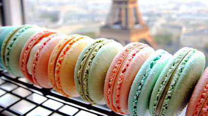 Delicate pastel macarons arranged near Paris’s romantic skyline, highlighting sweet artistry that symbolizes French confectionery charm.