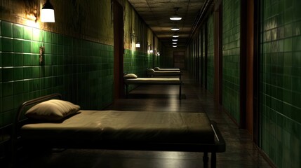 Fototapeta premium Abandoned hospital corridor with green tiled walls, empty beds, and dim lighting creating a haunting atmosphere