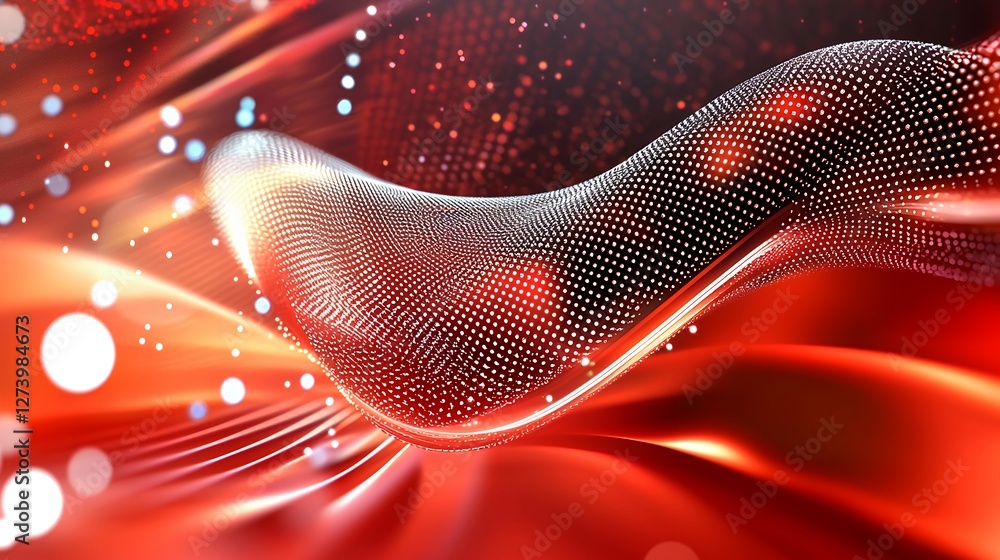 Poster abstract red wave with white particles flowing dynamically in a futuristic design