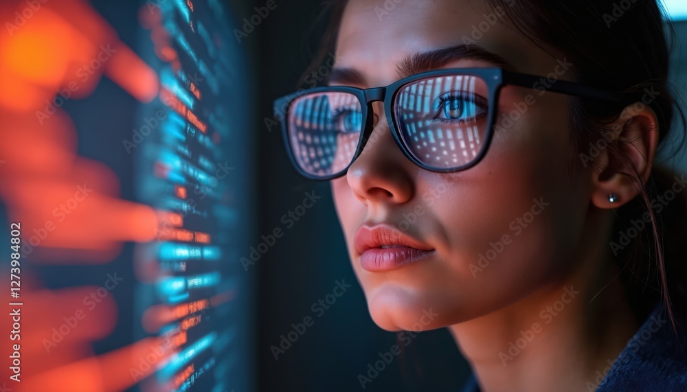 Poster Illustration of woman in glasses coding. Reflection of html script visible. Programming, cybersecurity research plus data analytics. Coding tech person reads html scripts, programming, researches