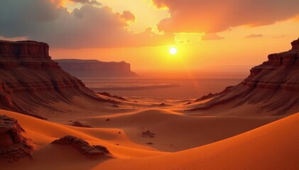 Naklejka premium Golden sunset over vast desert landscape of layered sand and mud formations, landscape, geological formation