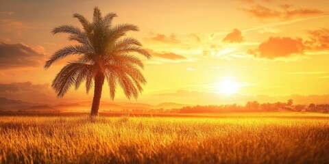a palm tree standing in a golden field, with the warm light of sunset casting a magical glow over the scene, creating a moment of tranquility