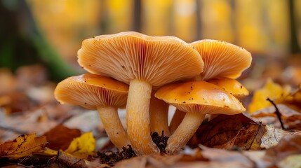 Freshness Fungus Growth, Cluster of Vibrant Orange Chanterelle Mushrooms in an Autumn Forest