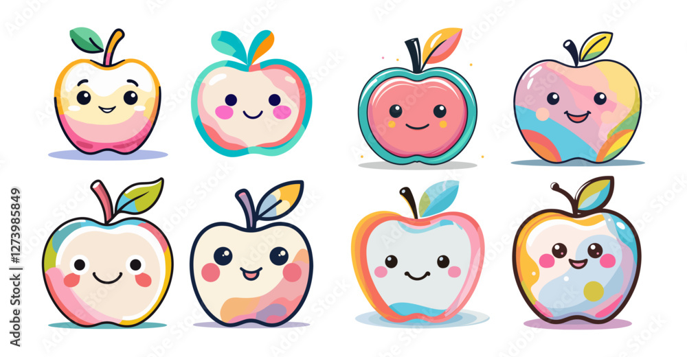 Poster icons sets collection of colorful cartoon style apples with smiling faces, each with unique patterns