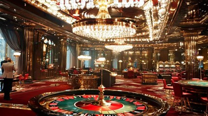 Luxurious casino interior with elegant chandeliers and roulette tables