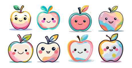 Icons sets collection of colorful cartoon style apples with smiling faces, each with unique patterns and expressions, making it visually appealing and playful