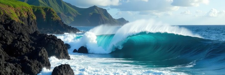 Fototapeta premium Large wave in Honolua Bay crashes against volcanic rock formations near shore, volcano, wild