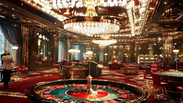 Luxurious casino interior with elegant chandeliers and roulette tables - Powered by Adobe