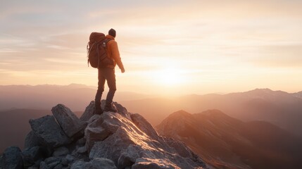 Fototapeta premium Person standing on mountain top with backpack enjoying sunrise view over the landscape