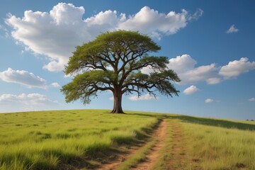 Fototapeta premium there is a lone tree on a grassy hill with a dirt path