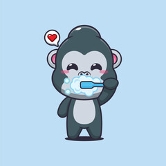 gorilla mascot cartoon character vector illustration brushing teeth