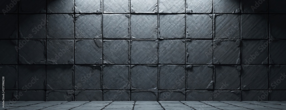 Leinwandbilder 3d abstract industrial background. grey rough stone wall, floor with geometric square block pattern 