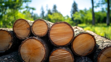 Fototapeta premium Pile of wooden logs, big trunks of tall trees cut and stacked in a forest. Ecological damage and deforestation's Impact on environment, forest destruction and disappearing