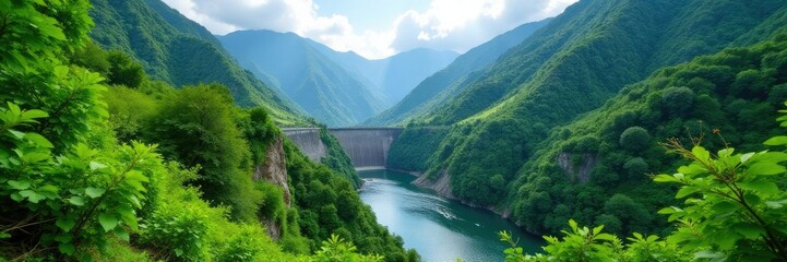 Lush greenery surrounding the mountain valley and hydroelectric dam, scenery, trees, plant