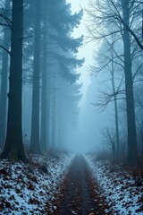 Naklejka premium Misty forest with thick fog and foggy branches, foggy, snowy landscape