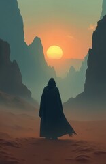 Silhouette of man in cloak stands in desert mountains at sunset. Dramatic mystical scenery with sand dunes. Lonely hooded wanderer faces journey, travels through wasteland. Fantasy land illustration.