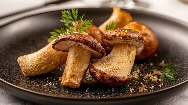Freshness Fungus Growth, Beautifully Presented Porcini Mushrooms Dish on Dark Ceramic Plate in Fine Dining Setting