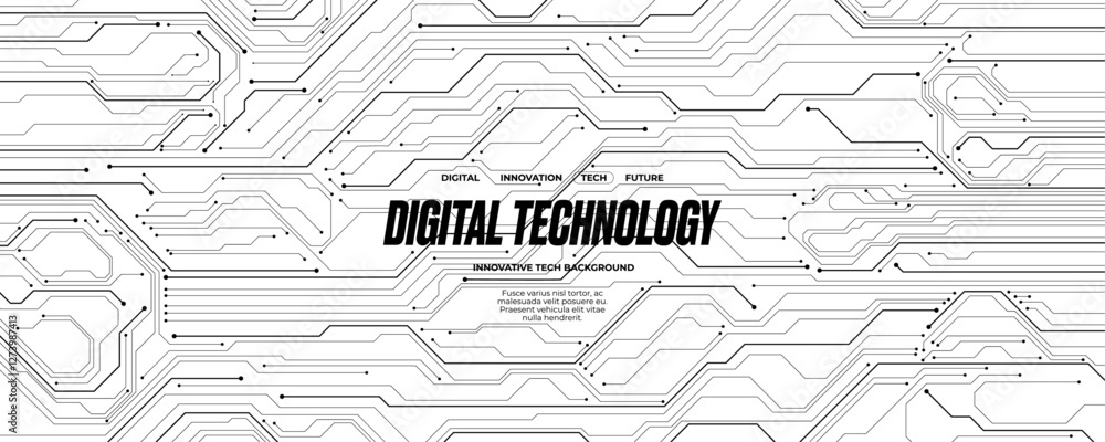 Poster Black and white circuit board technology background. Abstract circuit wires on white tech bg. AI digital digital concept. Digital banner with semiconductor elements. Vector illustration.