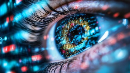 Close-up human eye with digital code overlay. Possible use technology, innovation