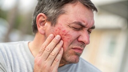Fototapeta premium Man in Gray Shirt Experiencing Facial Skin Irritation and Discomfort Due to Acne or Rash while Touching Cheek Outdoors